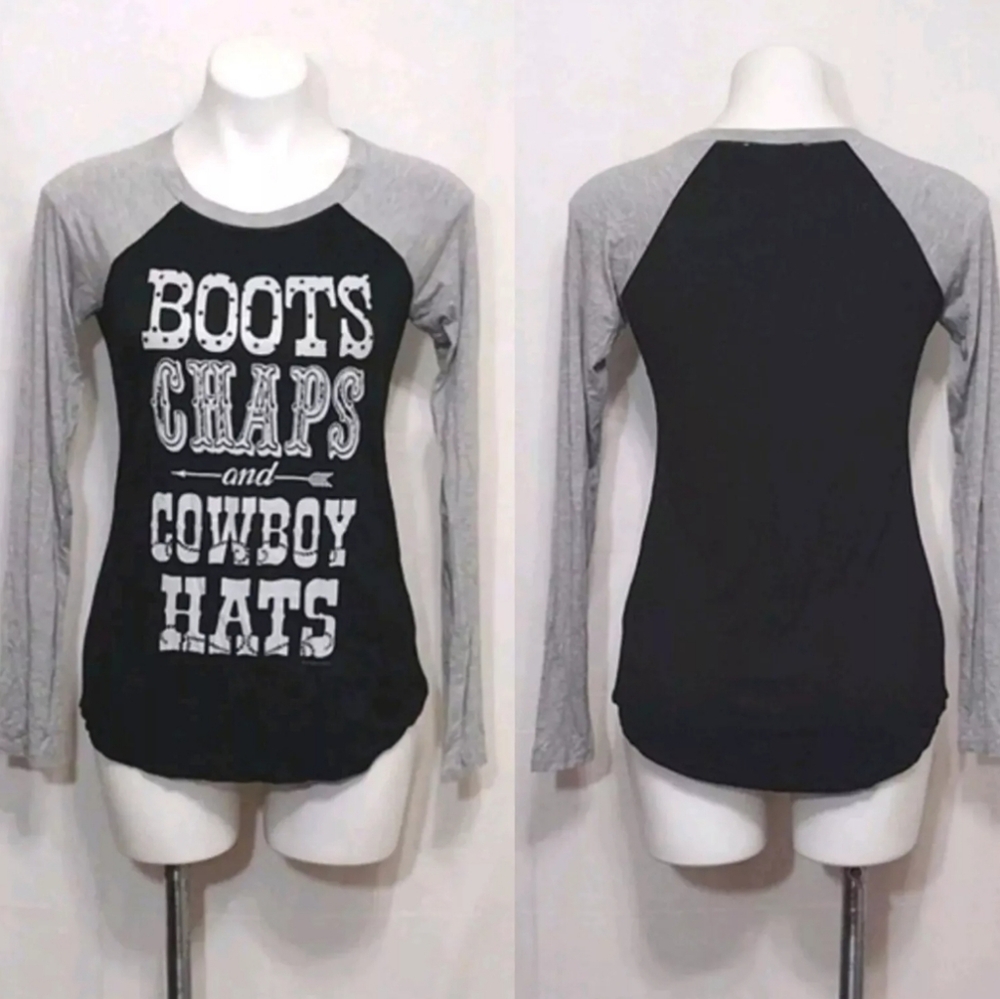 New Bear Dance Western Graphic Tee Raglan Long Sleeve Curved Hem Comfy Soft S